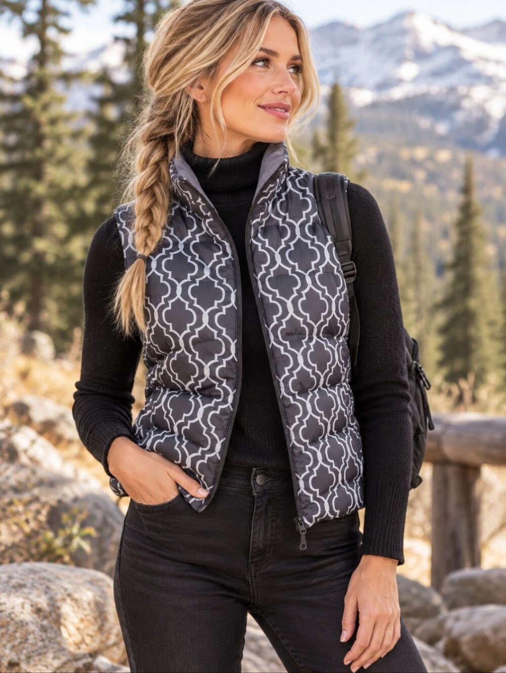 Lands End Down Quatrefoil Puffer Zip Up Vest Black Print Gorpcore Sz Sm 6-8 EUC